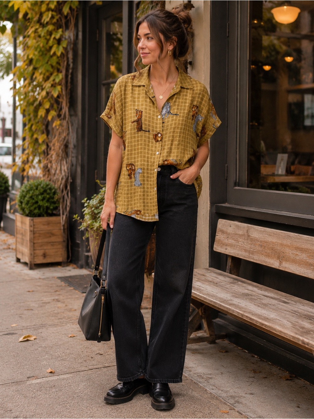 Jane + Delancey Leopard Cat Print Mustard Check Button Front Blouse M